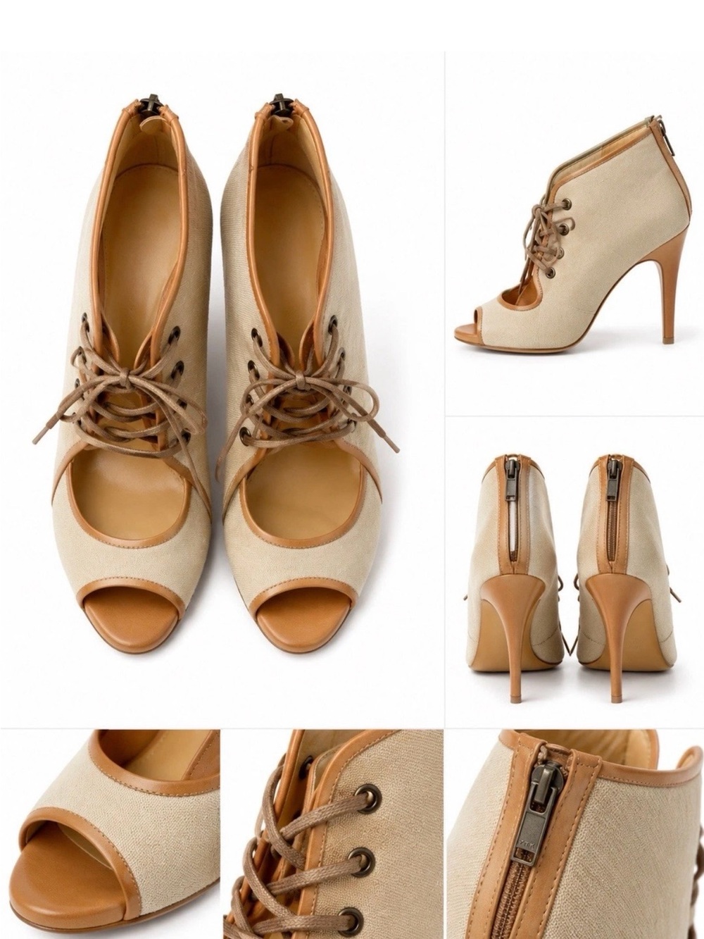 J. Crew Beige Canvas Peep-Toe Lace-Up Heels with Tan Trim